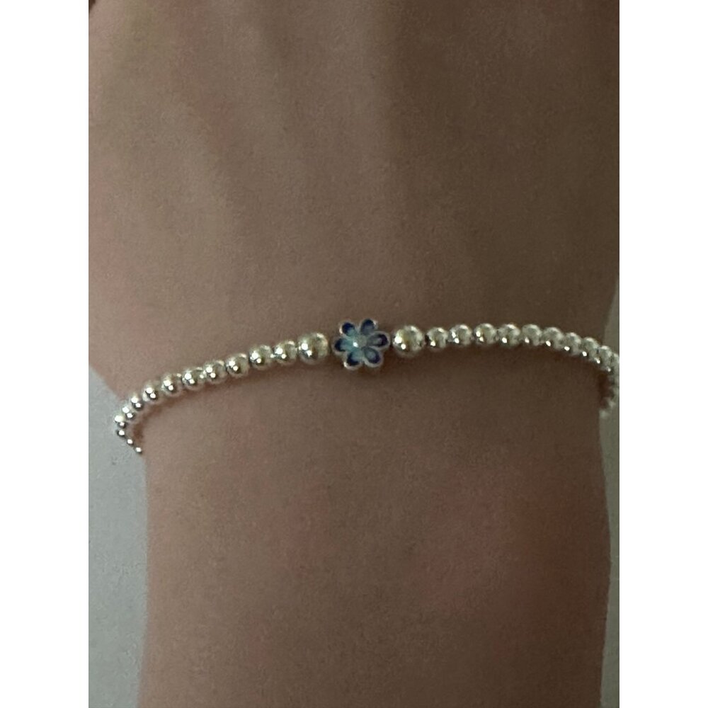 925 Sterling Silver Stretch Stacking Bracelet Blue Flower Charm Minimalist - Picture 2 of 4